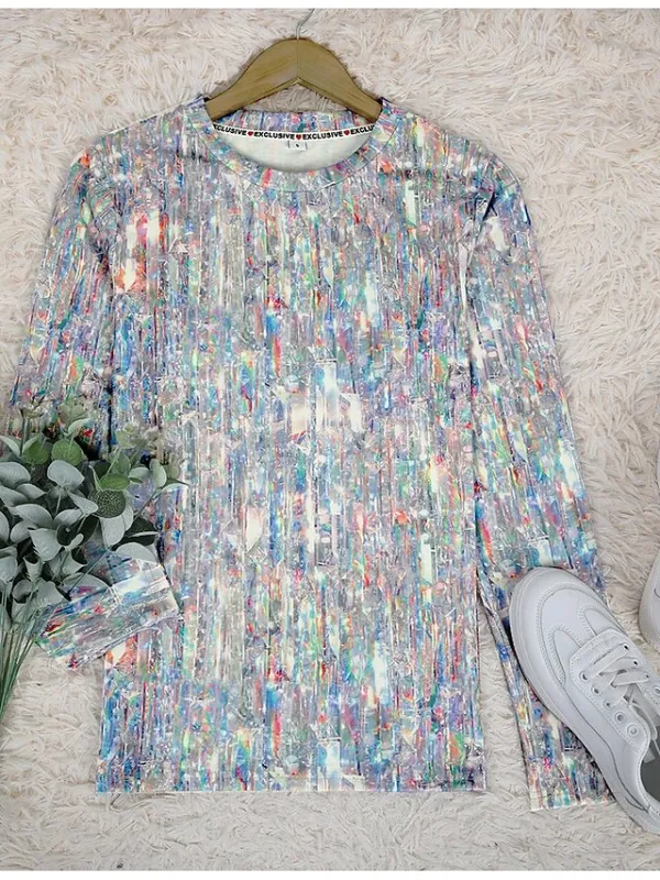 Women's T shirt Tee Silver Light Green Pink Graphic Print Long Sleeve Daily Weekend Fashion Basic Elegant Round Neck Regular Fit Painting Fall & Winter