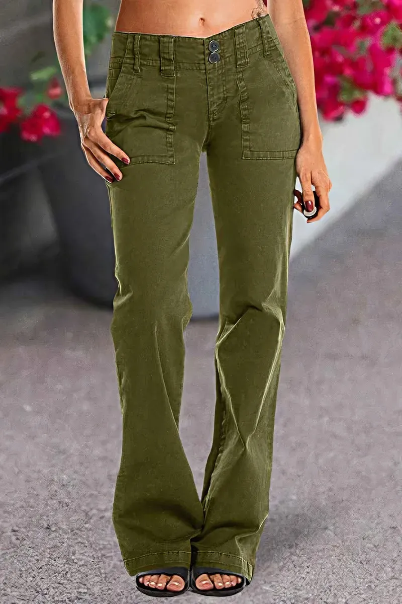 Double Button Mid Waist Straight Leg Pants