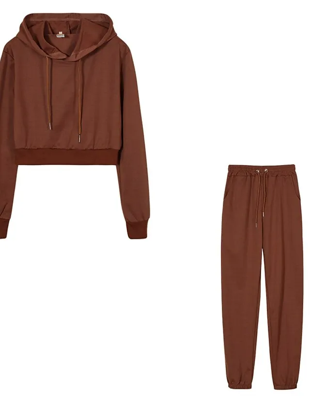 Women's Crop Top Hoodie Tracksuit Pants Sets Solid Color Black White Brown Patchwork Drawstring Long Sleeve Causal Sportswear Hooded Regular Fit Fall & Winter