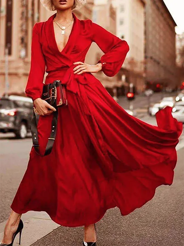 Tied Solid Color Puff Sleeves Loose V-neck Maxi Dresses