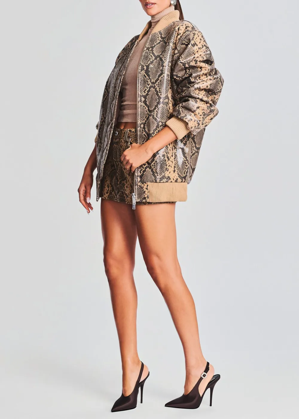 Crew Neck Leather Jacket