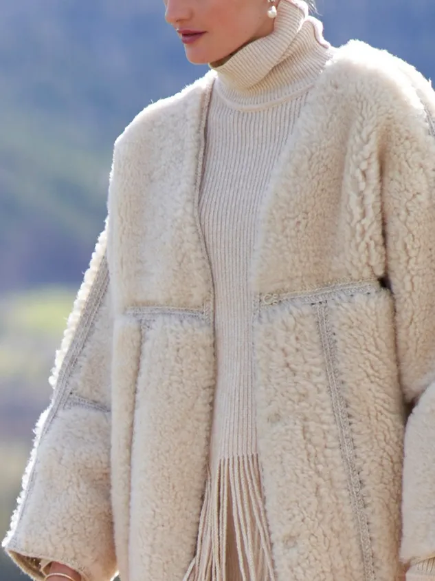 Fluff/Granular Fleece Fabric V Neck Teddy Jacket