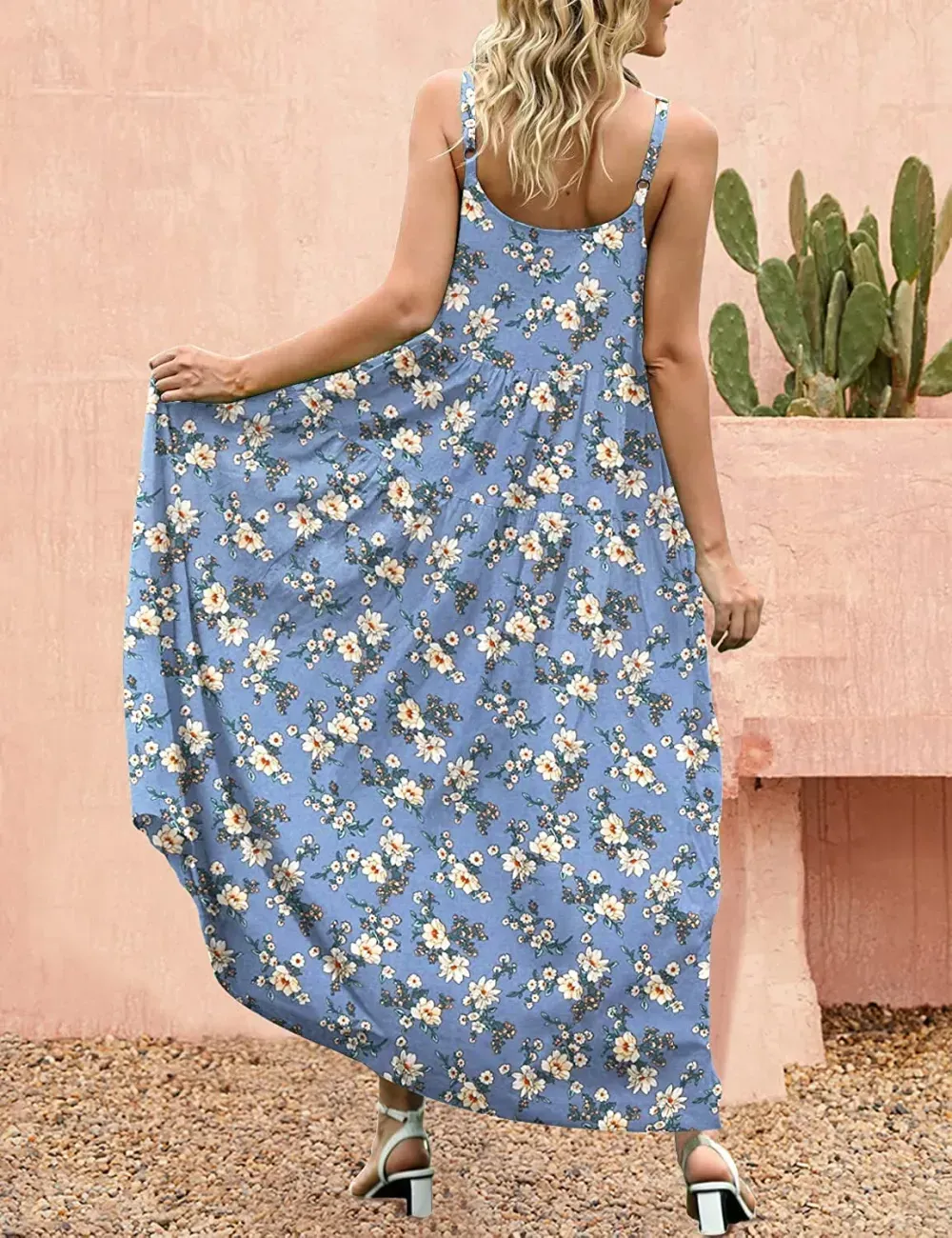 Summer Dresses for Women Casual Loose Bohemian Floral Dress with Pockets Spaghetti Strap Maxi Dress E75