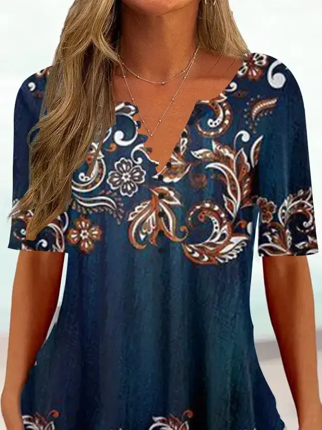 Women Half Sleeve V-neck Floral Printed Tops