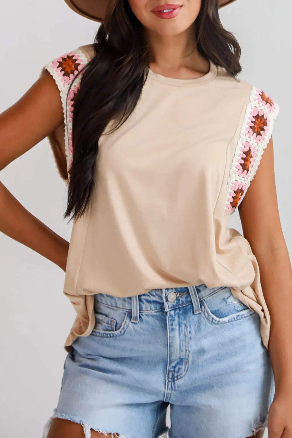 Adored Cutie Mocha Crochet Sleeve Top