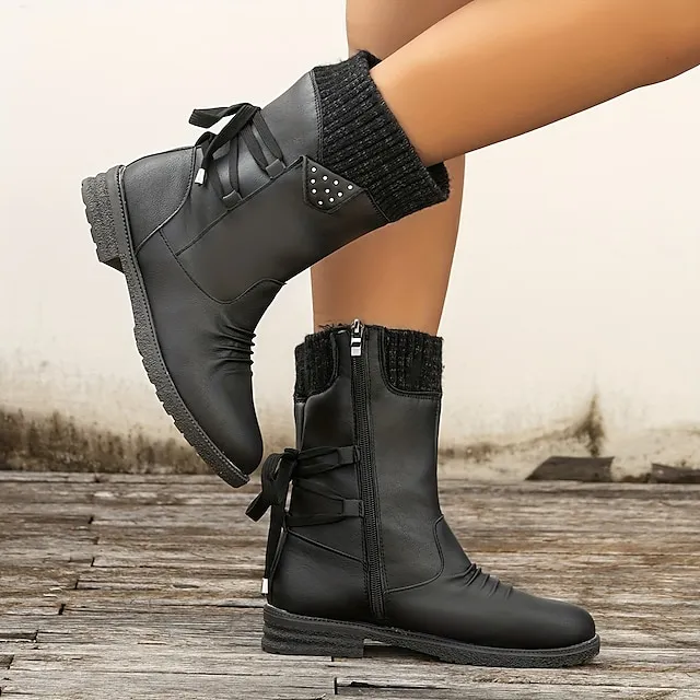 Women's Boots Snow Boots Sweater Boots Plus Size Outdoor Daily Mid Calf Boots Winter Lace-up Flat Heel Round Toe Casual Faux Leather Zipper Black Red Blue