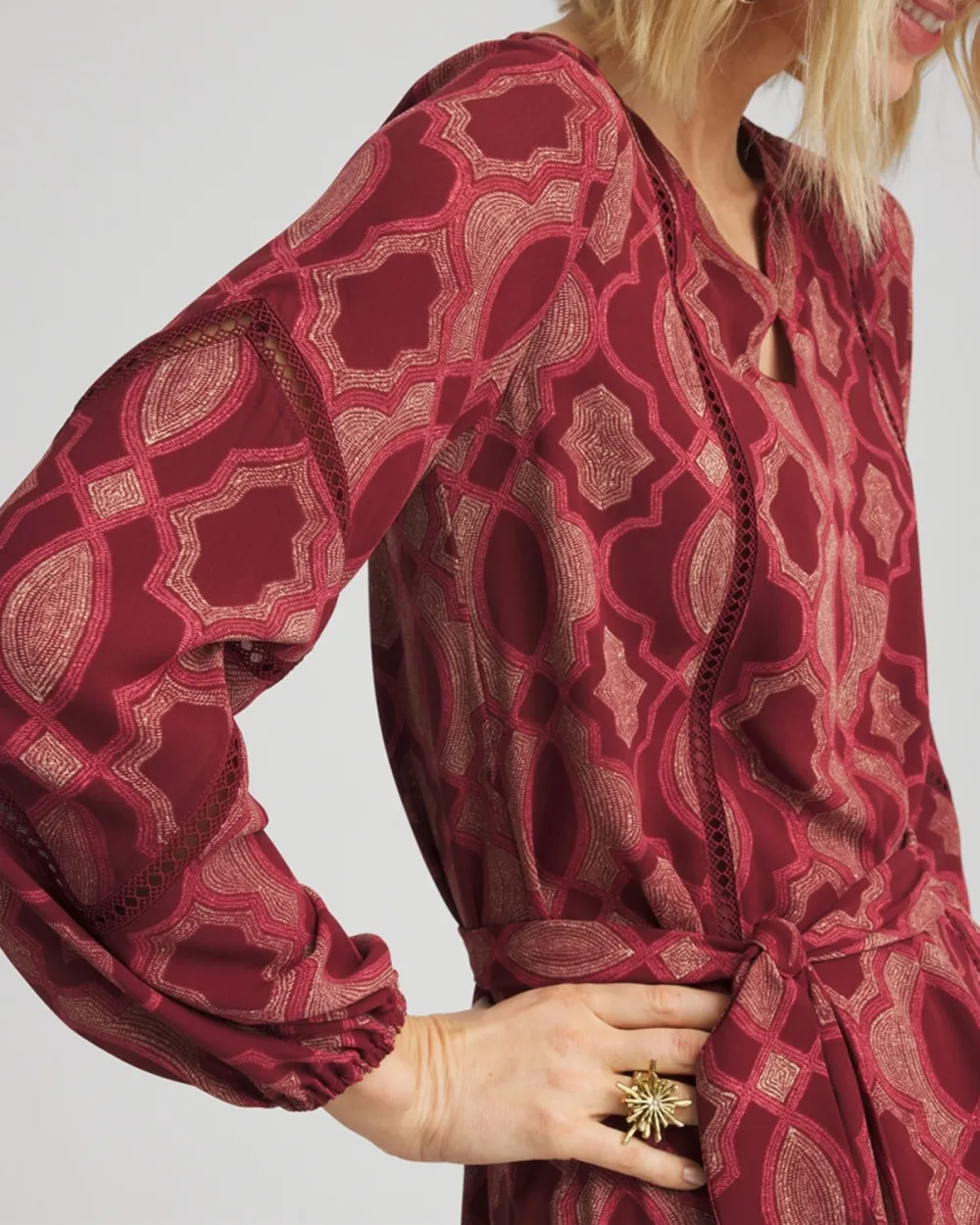 Red Patterned Long Sleeve Tiered Maxi Dress