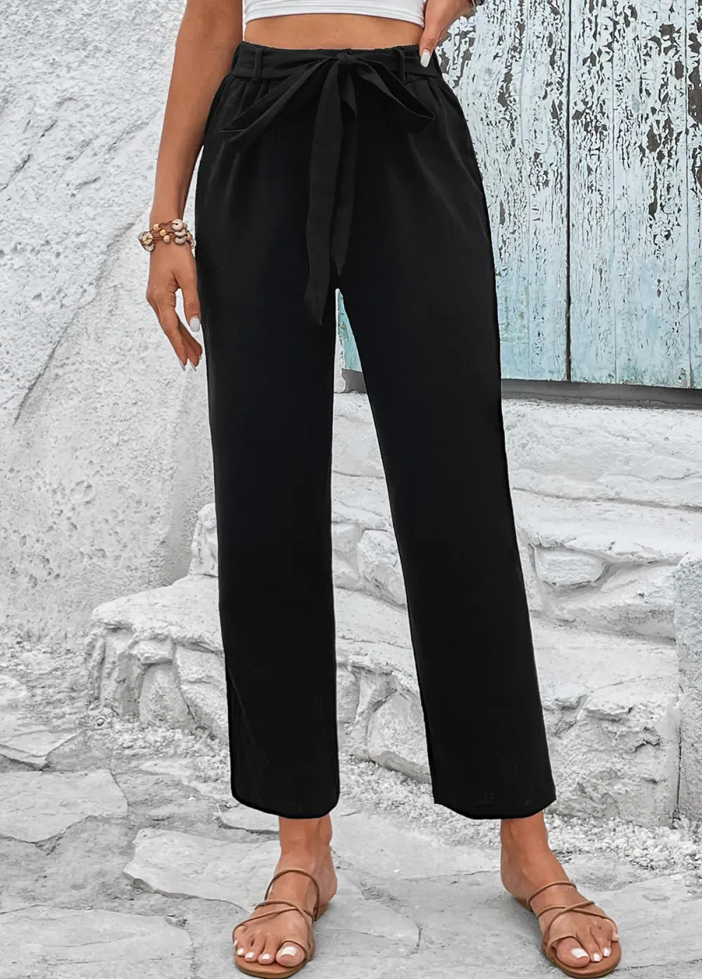 Black Bowknot Elastic Waist High Waisted Pants