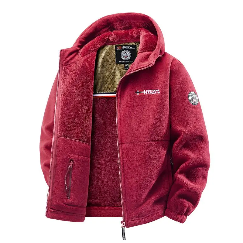 Men'S Outdoor Heavyweight Fleece Jacket - Double-Sided Warm Hooded Coat With Full Zip, Multi Pockets & Machine Washable Polyester For Camping Hiking Casual Wear
