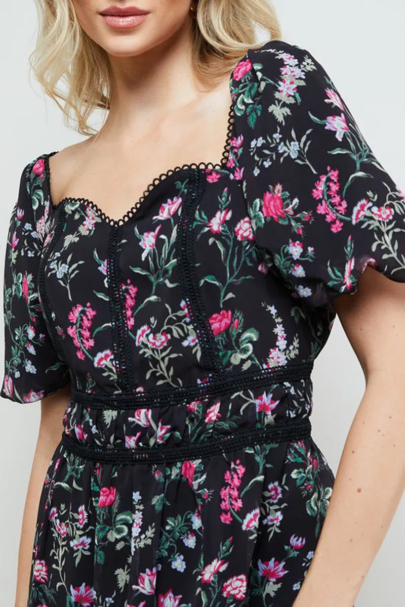 Daily Lace Trim Puff Sleeve Dress