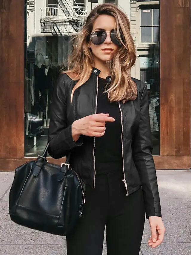 Women's Faux Leather Jacket Clean Fit Faux Motorcycle Moto Biker Coat Plus Size Short Zipper Jacket Light Pink Navy Wine Red ArmyGreen  Chic & Modern Street Fall Collarless Slim Fit S M L XL XXL XXXL