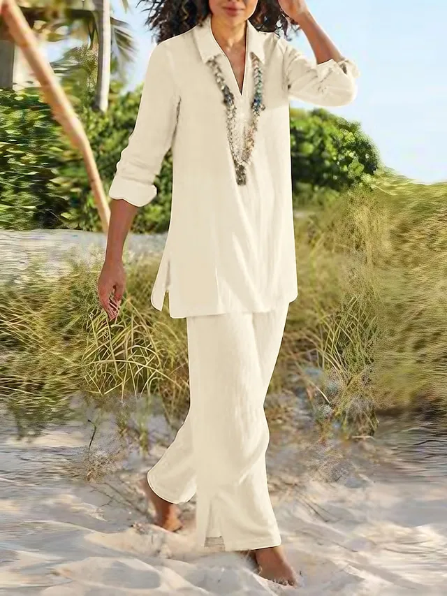 Women's Shirt Pants Sets Black Dark Navy Camel Plain Long Sleeve Casual Daily Vintage Fashion Streetwear V Neck Regular Fit Fall & Winter