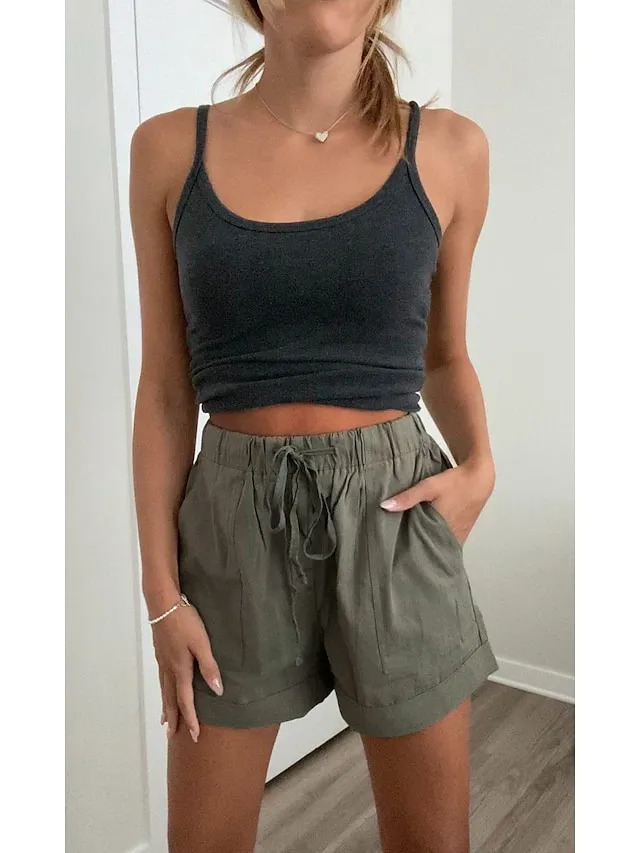 Women's Basic Essential Casual Shorts Wide Leg Baggy Pocket Short Daily Holiday Micro-elastic Simple Cotton Blend Lightweight Outdoor Mid Waist Light Blue Wine Red Pink ArmyGreen Orange & Red