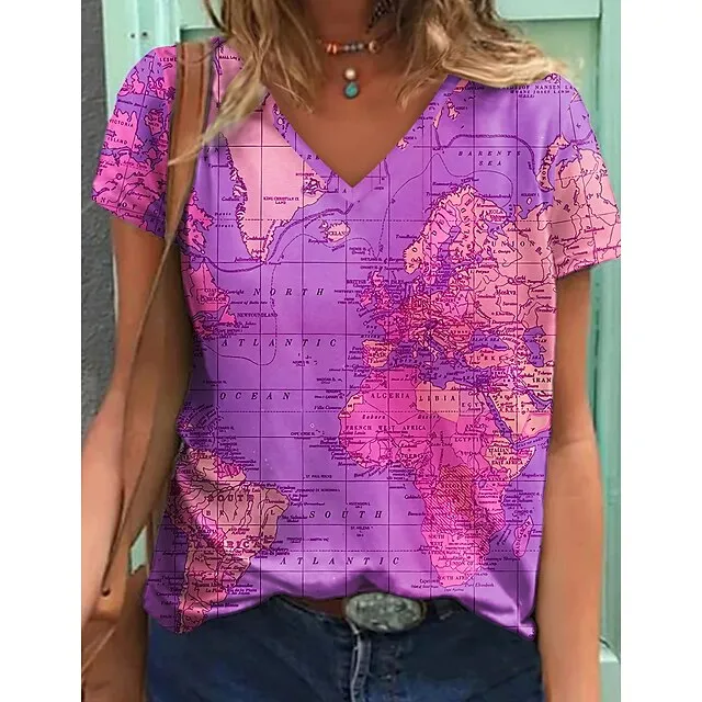 Women's T shirt Tee Blouse Graphic World Map Multi Color pea green Blue Purple Print Short Sleeve Street Daily Basic Modern V Neck Regular Fit T-shirt Sleeve Summer