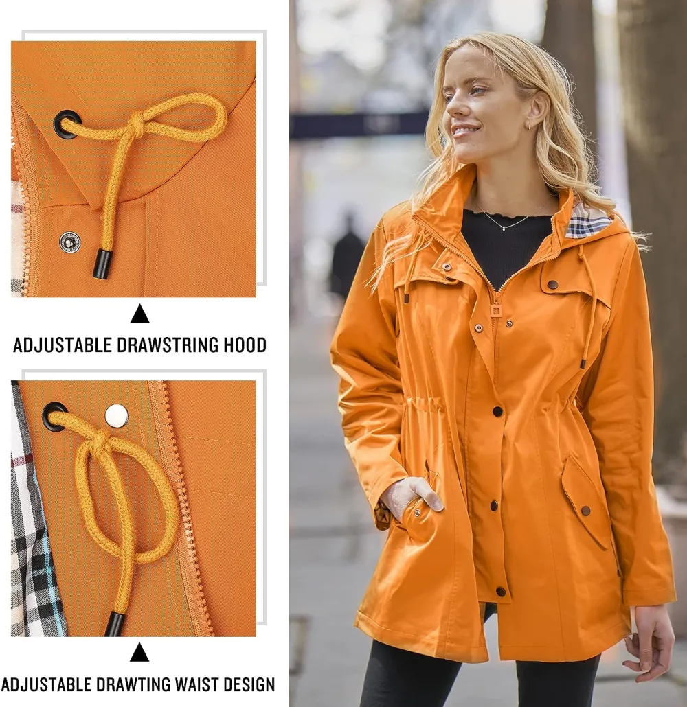Women's Long Hooded Rain Jacket Outdoor Raincoat Windbreaker