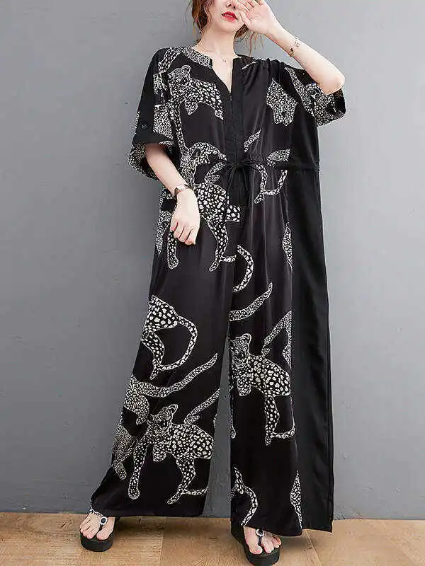 Vintage Original Floral Leopard Printed Split-Joint Tied V-Neck Half Sleeves Wide Leg Jumpsuits