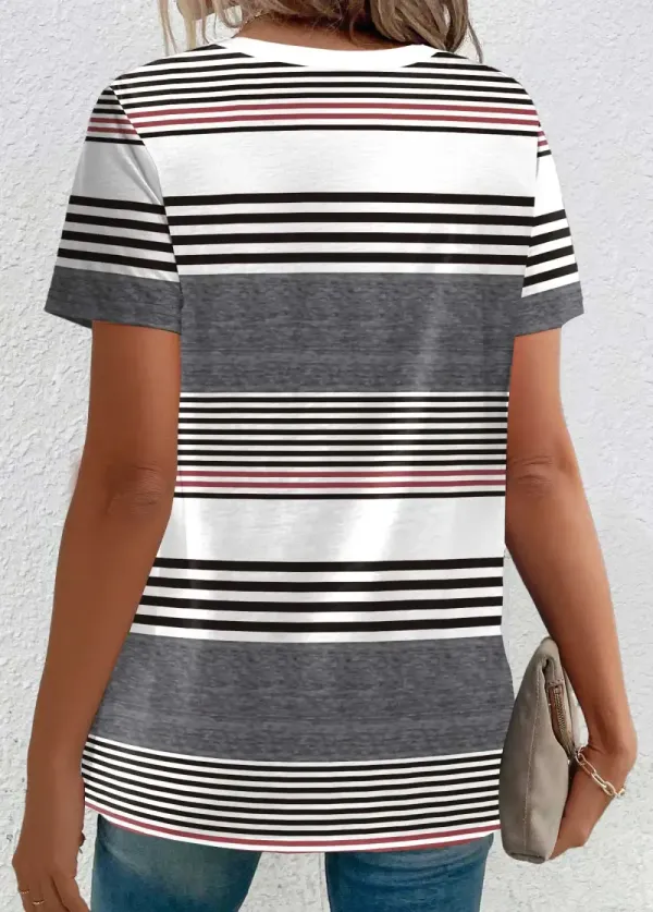 Multi Color Button Striped Short Sleeve T Shirt