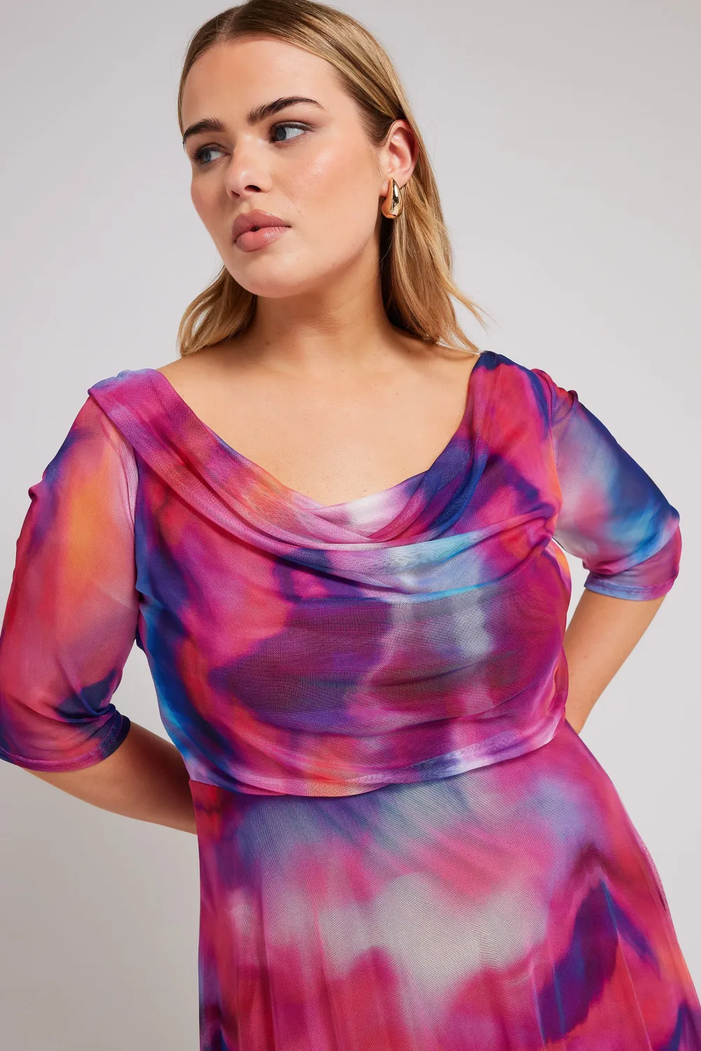 YOURS LONDON Curve Pink Cowl Neck Mesh Midi Dress