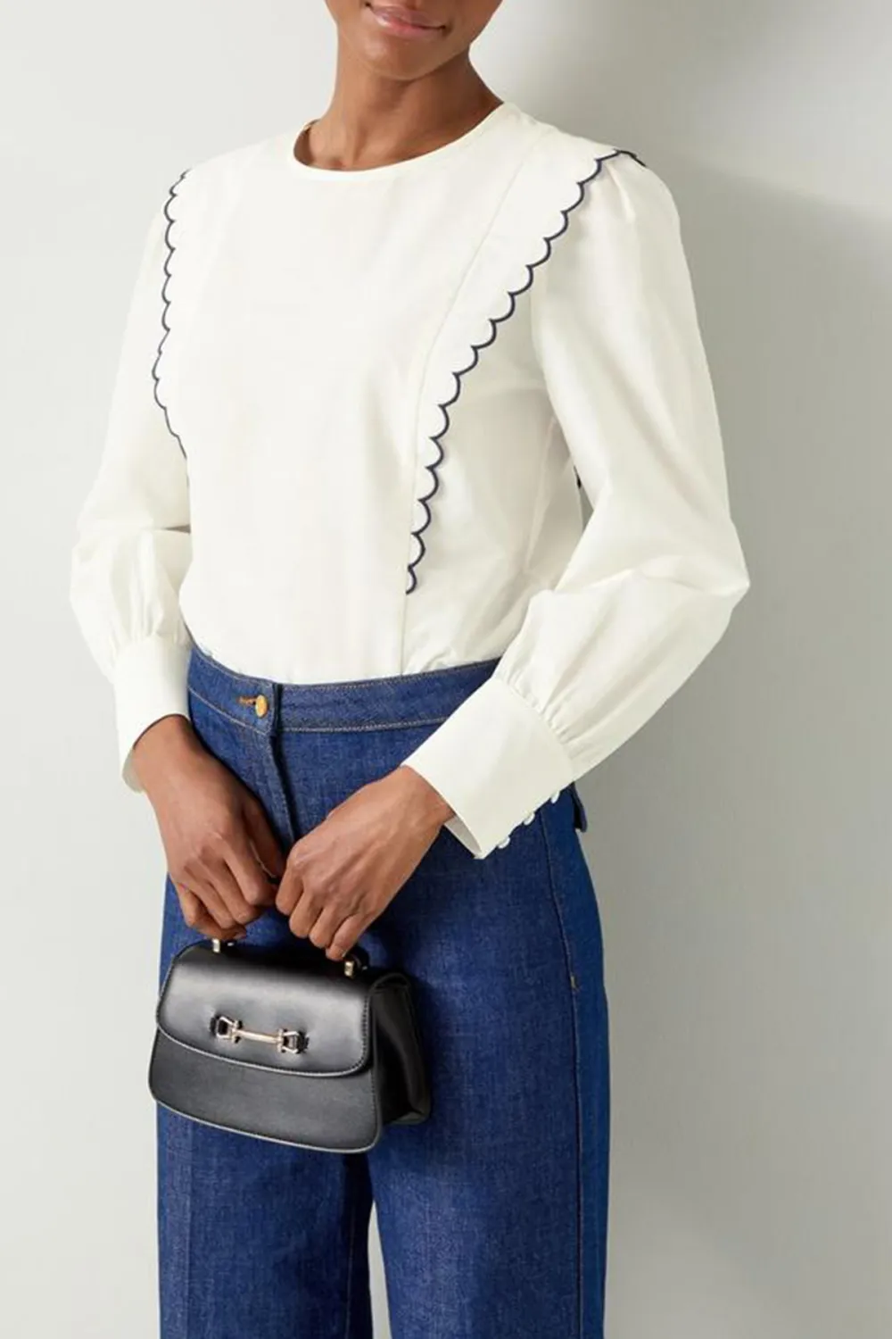 White Scallop Detail Long Sleeve Blouse