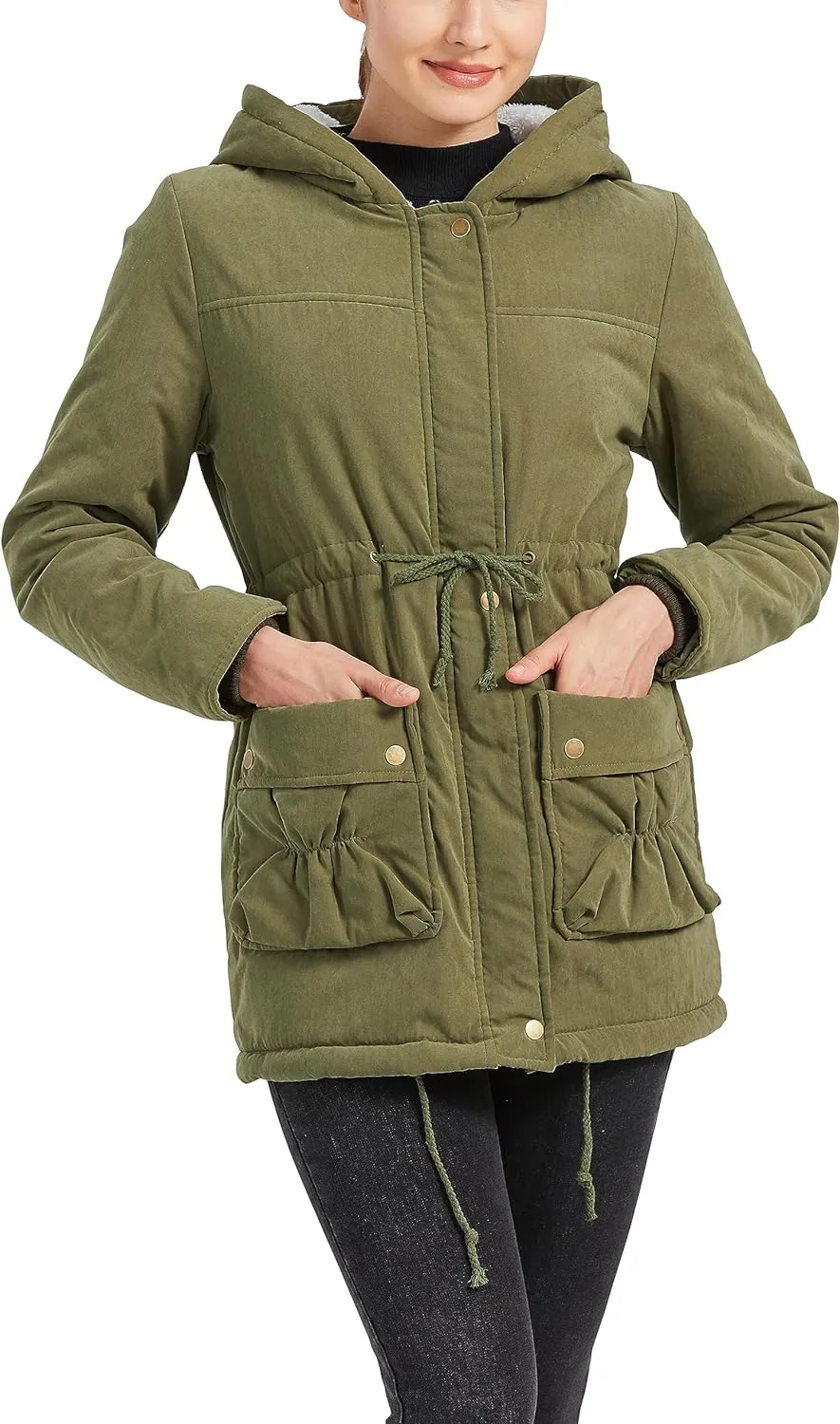 Women's Winter Mid Length Thick Warm Faux Lamb Wool Lined Jacket Coat