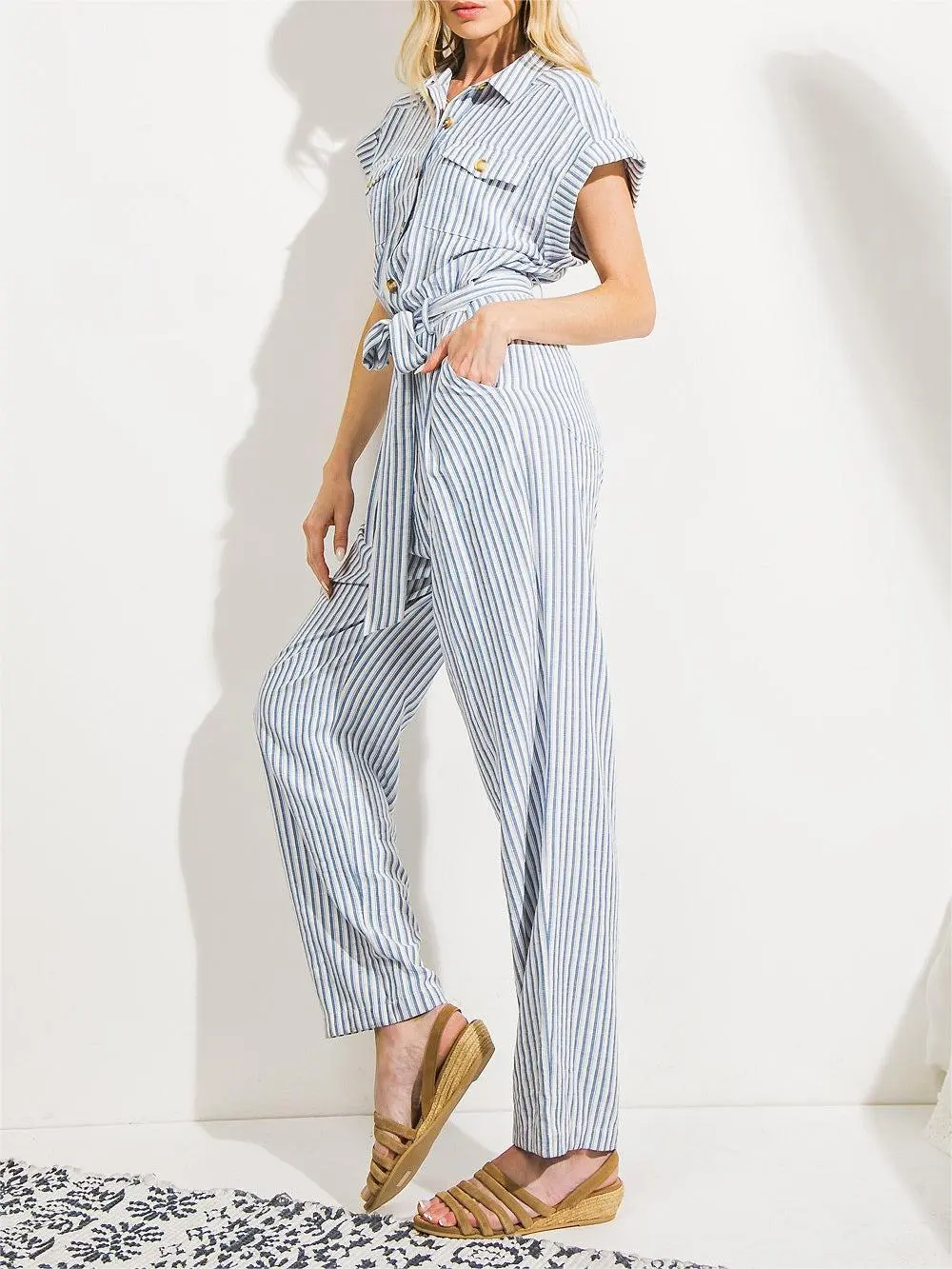 Tied Waist Stripe Jumpsuit