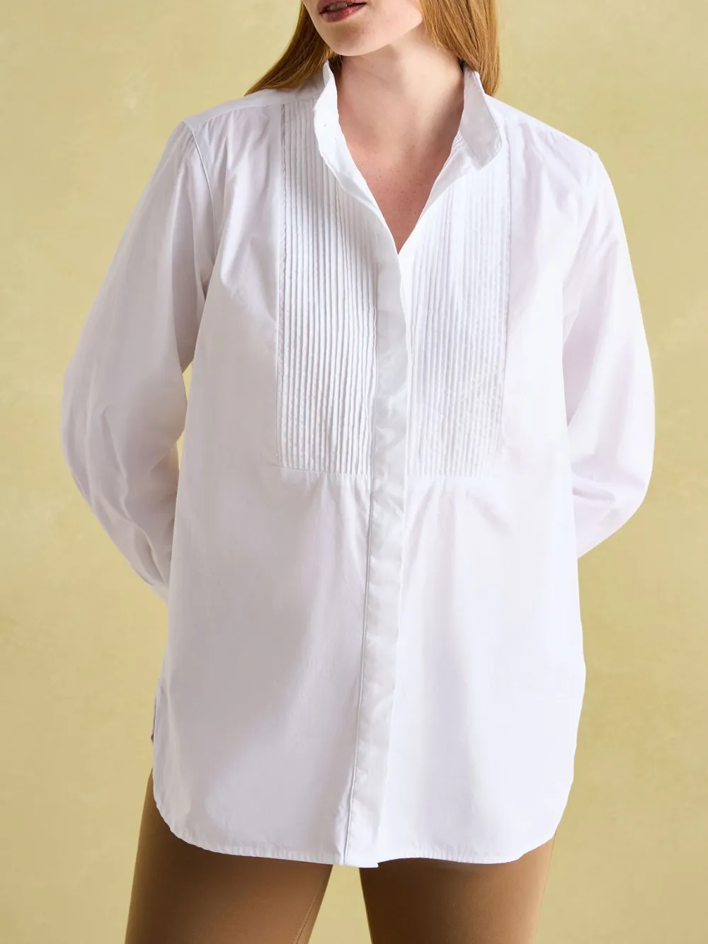 Long Sleeve White Pleated Tuxedo-Style Shirt