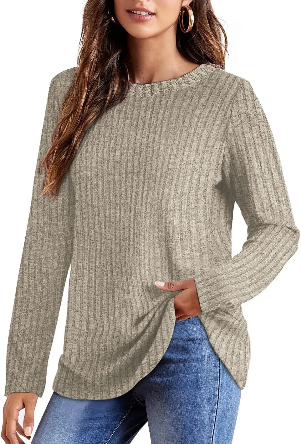 OFEEFAN Long Sleeve Shirts for Women Lightweight Crew Neck Casual Tunic Tops