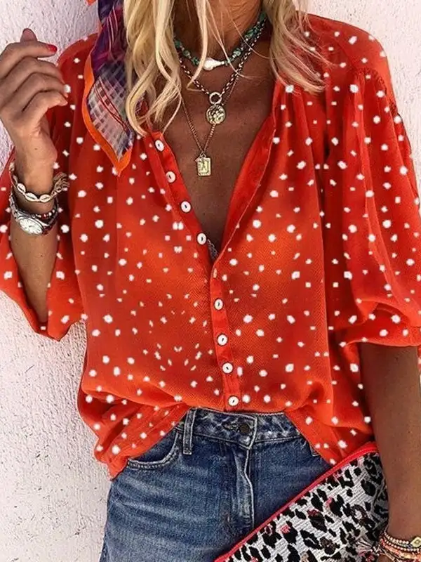 Women 3/4 Sleeve V-neck Polka dot Button Tops