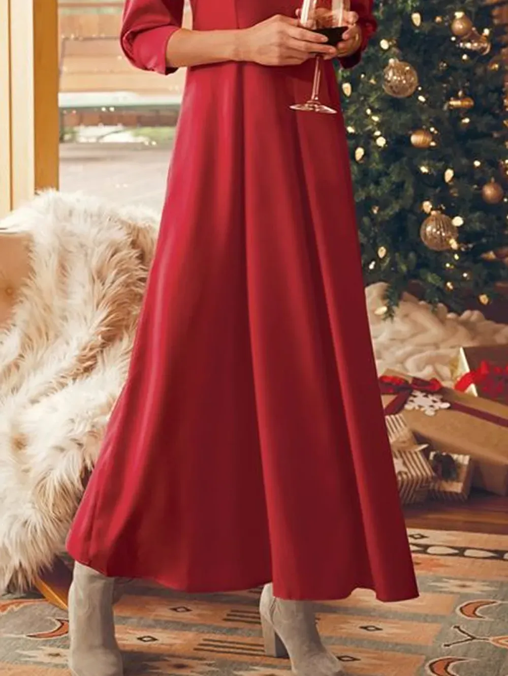 Christmas Elegant Plain V Neck 3/4 Sleeve A-Line Midi Dress