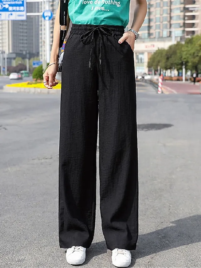 Women's Wide Leg Pants Trousers Baggy Full Length Pocket Baggy Micro-elastic High Waist Fashion Streetwear Street Daily Black White M L Summer Spring