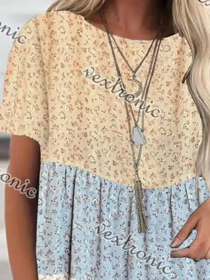 Women Short Sleeve Scoop Neck Floral Printed Stitching Top