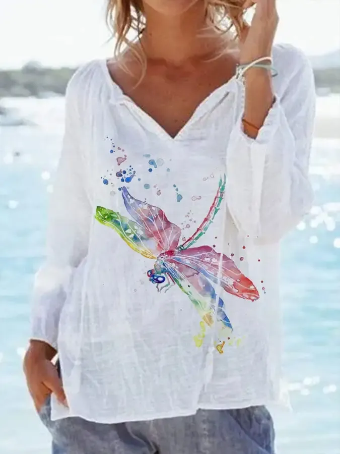 Women's Watercolor Dragonfly Print V-Neck Long Sleeve Shirt