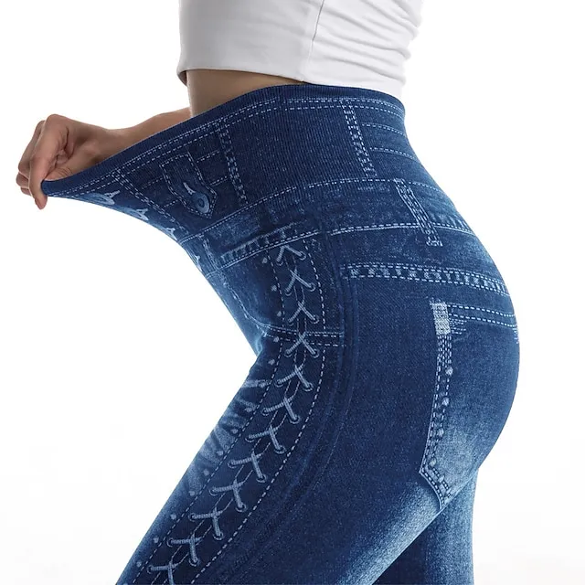 Women's Tights Pants Trousers Full Length Faux Denim Stretchy High Waist Fashion Casual Weekend Black Blue S M