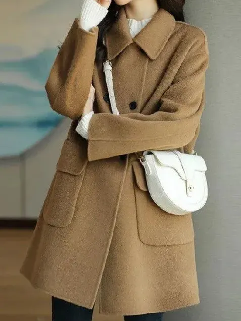 Shawl Collar Long Sleeve Plain Buckle Heavyweight Loose Coat For Women