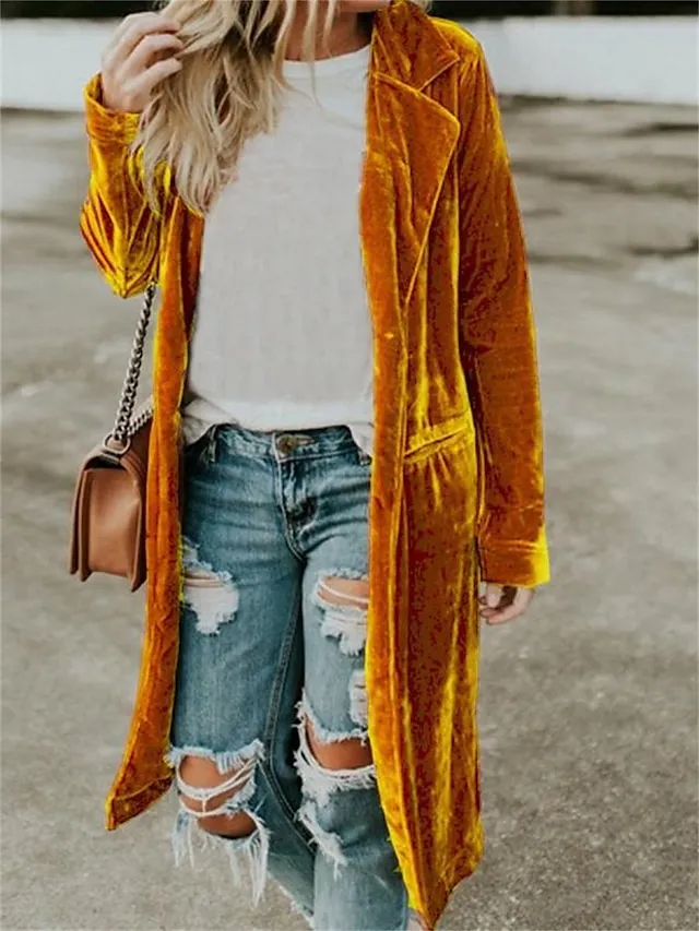 Women's Velvet Trench Coat Christmas Party Long Overcoat Winter Open Front Lapel Pea Coat Windproof Warm Street Xmas Jacket Long Sleeve with Pockets Dark Grey Black Yellow