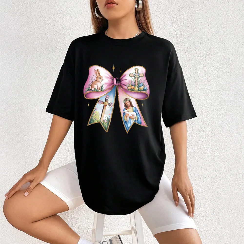 Easter Jesus Bunny Sheep Printed Round Neck Short Sleeve T-Shirt