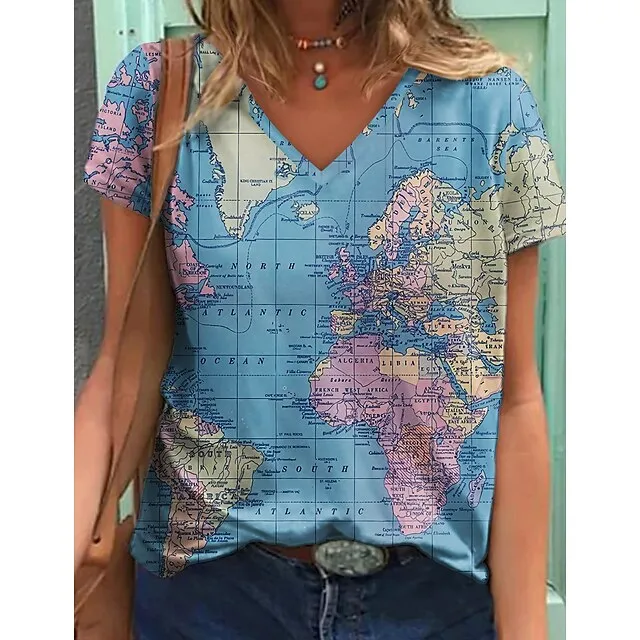 Women's T shirt Tee Blouse Graphic World Map Multi Color pea green Blue Purple Print Short Sleeve Street Daily Basic Modern V Neck Regular Fit T-shirt Sleeve Summer