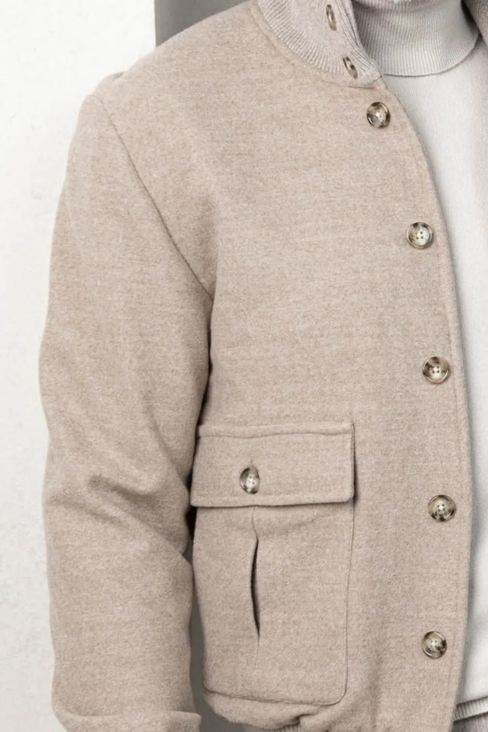 Beige Super 180'S Wool Flannel Bomber Jacket