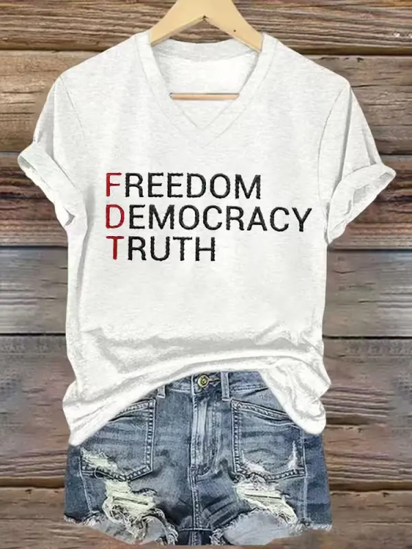 Women's Freedom Democracy Truth Print Short Sleeve V-Neck Cotton T-Shirt