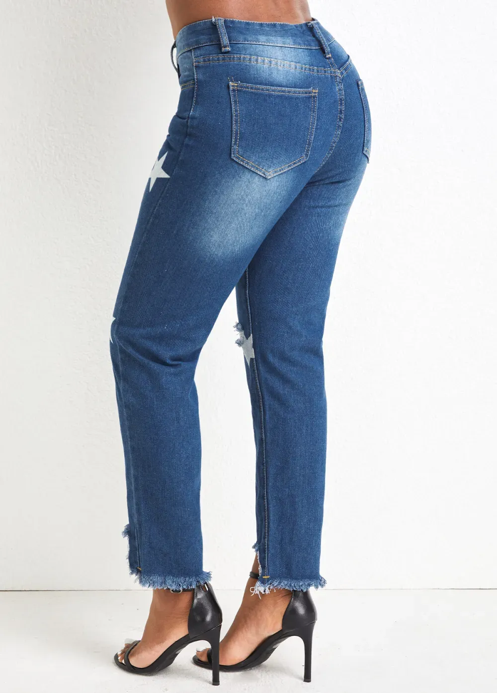 Denim Blue Pocket Star Print Regular Jeans