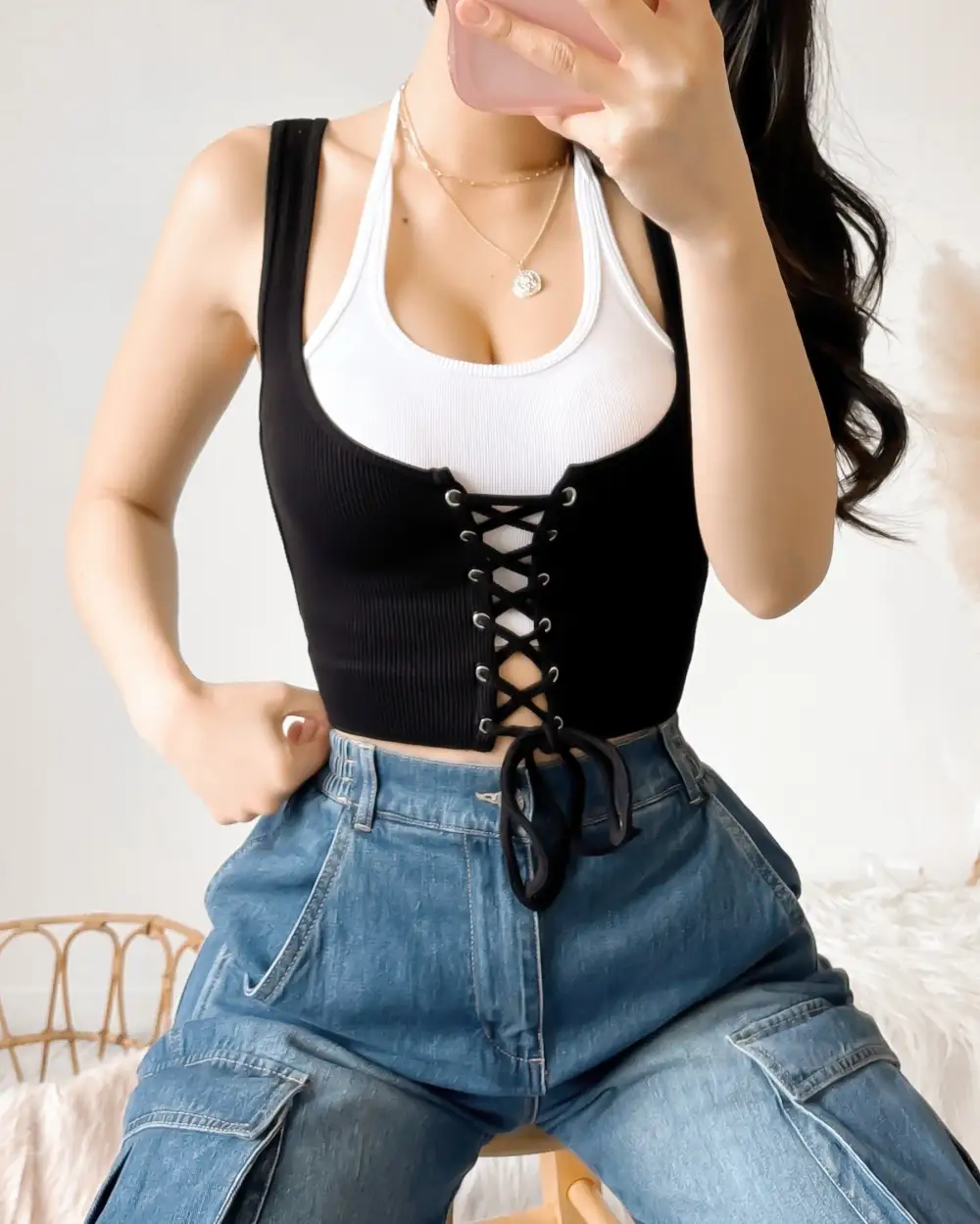 NAOMI DOUBLE LAYER CORSET CROP TOP (LATTE/RUST)