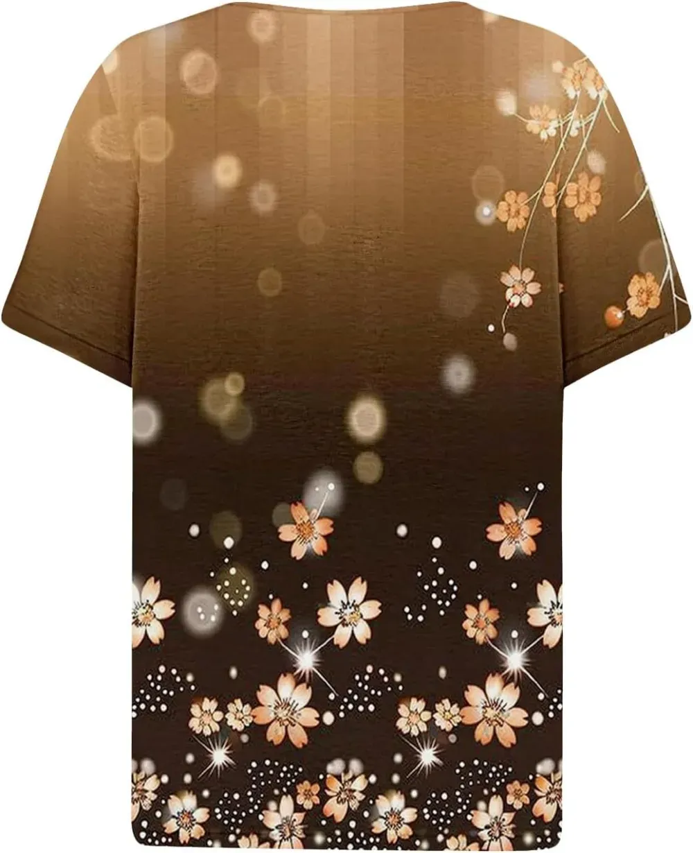 Shirts for Women Casual Printed Summer Tops Short-Sleeved Button V-Neck Tops Blouse Fashion Boho T-Shirts