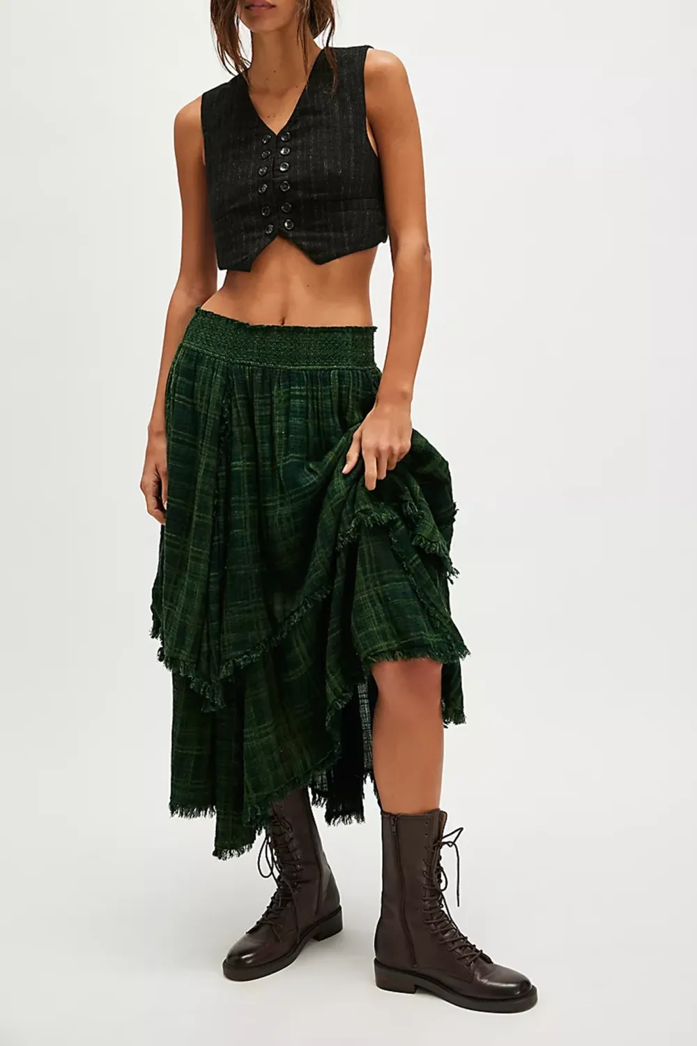 Plaid Patchwork Asymmetric Midi Skirt