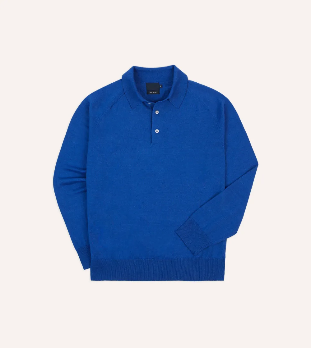 Blue Linen-Cotton Knitted Long-Sleeve Polo Shirt Elegant