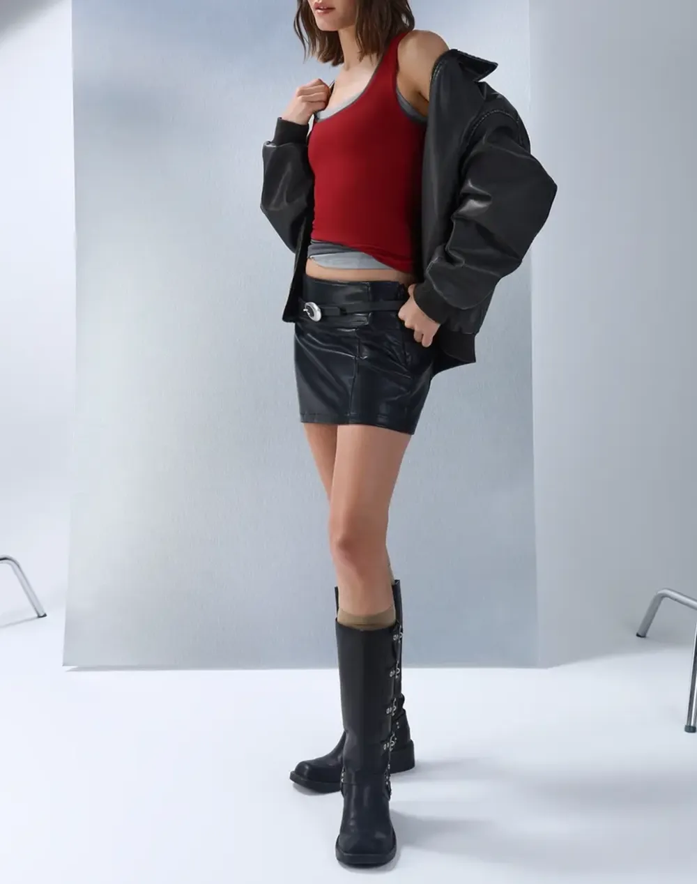 Black Cool Faux Leather Bomber Jacket