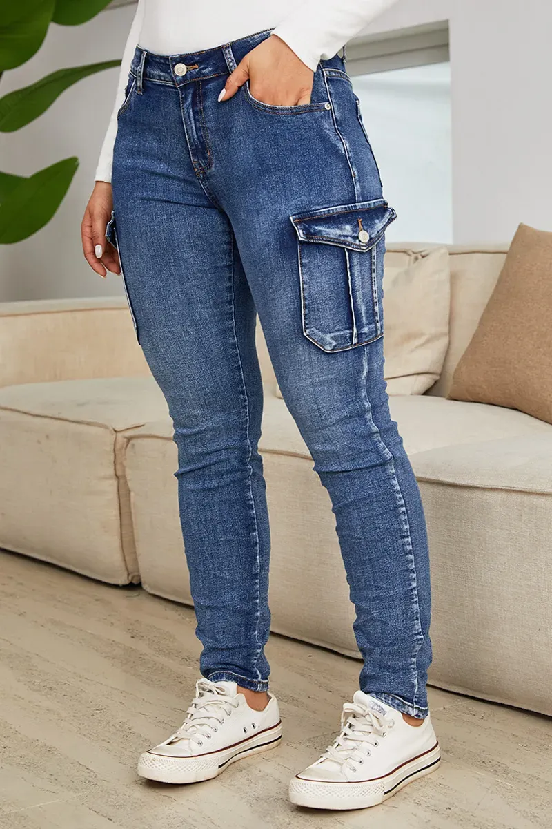 Flap Pocket Low Waist Skinny Cargo Jeans