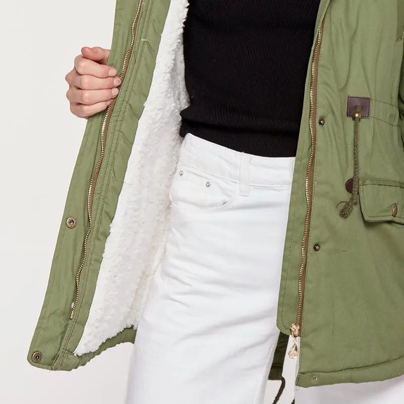 Faux Fur Collar Pockets Drawstring Women Parka Jacket Oversized Coat