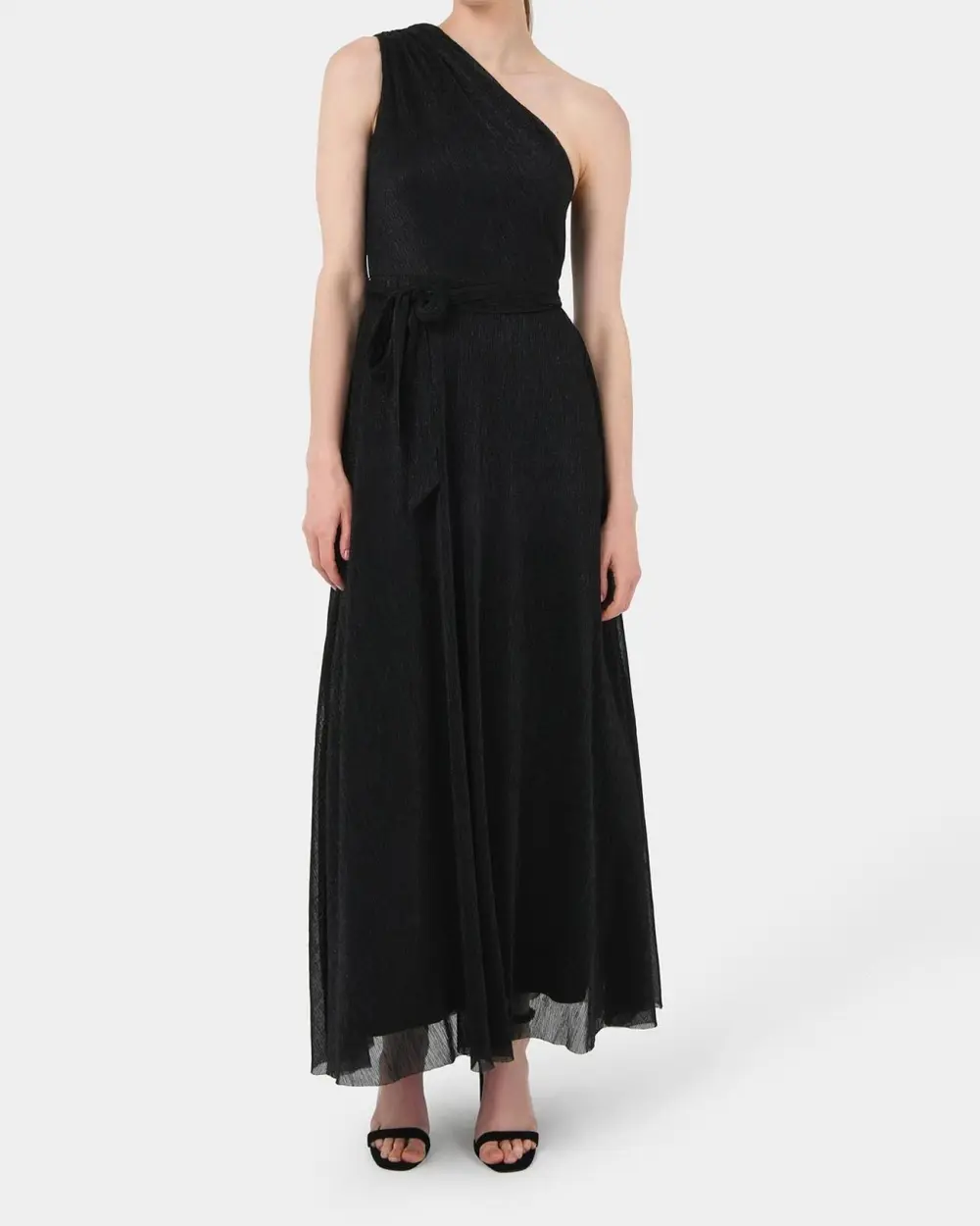 Elastic Waist One Shoulder Dress -Black