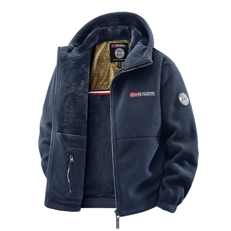 Men'S Outdoor Heavyweight Fleece Jacket - Double-Sided Warm Hooded Coat With Full Zip, Multi Pockets & Machine Washable Polyester For Camping Hiking Casual Wear