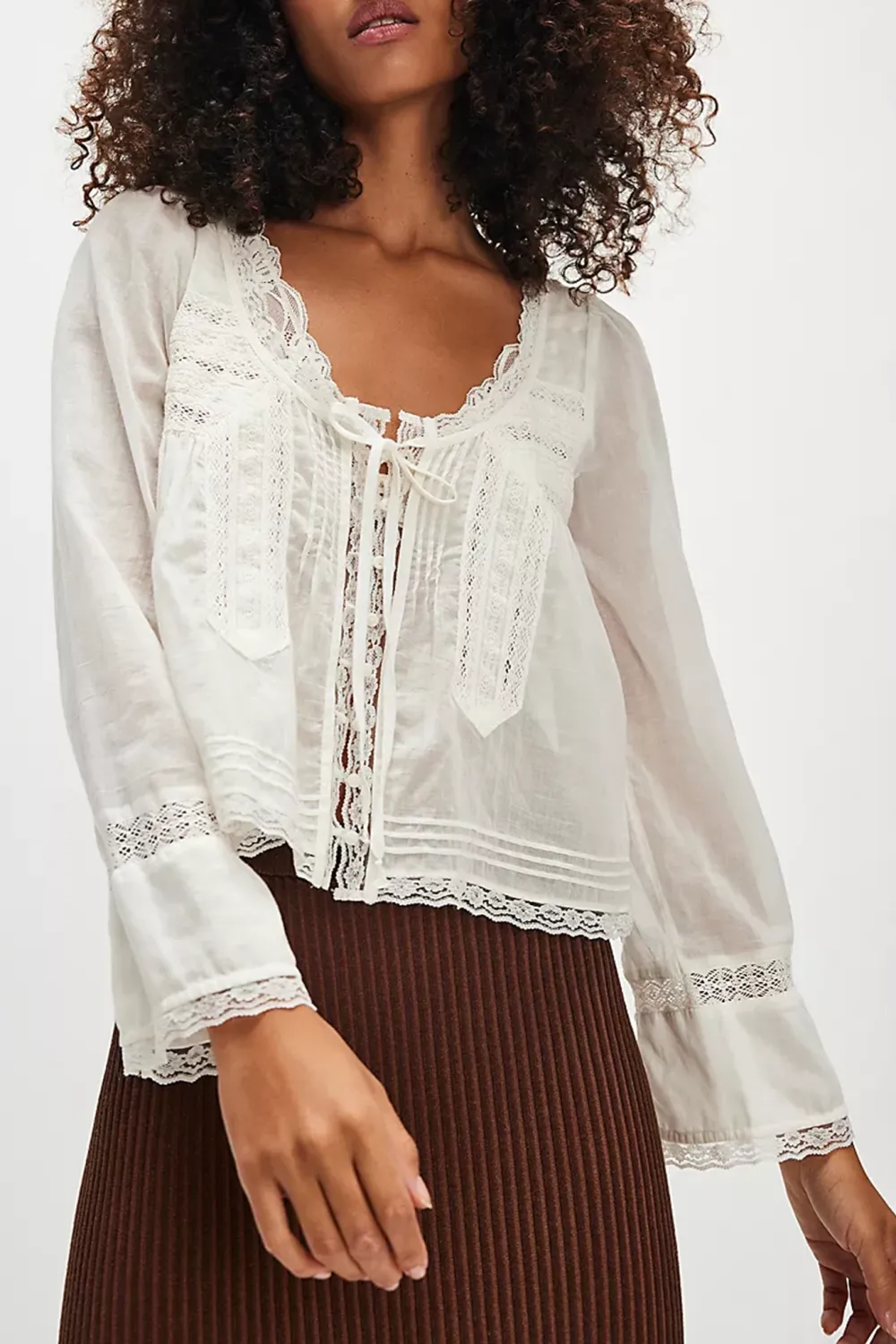 Lace Trimmed Long Sleeve Blouse